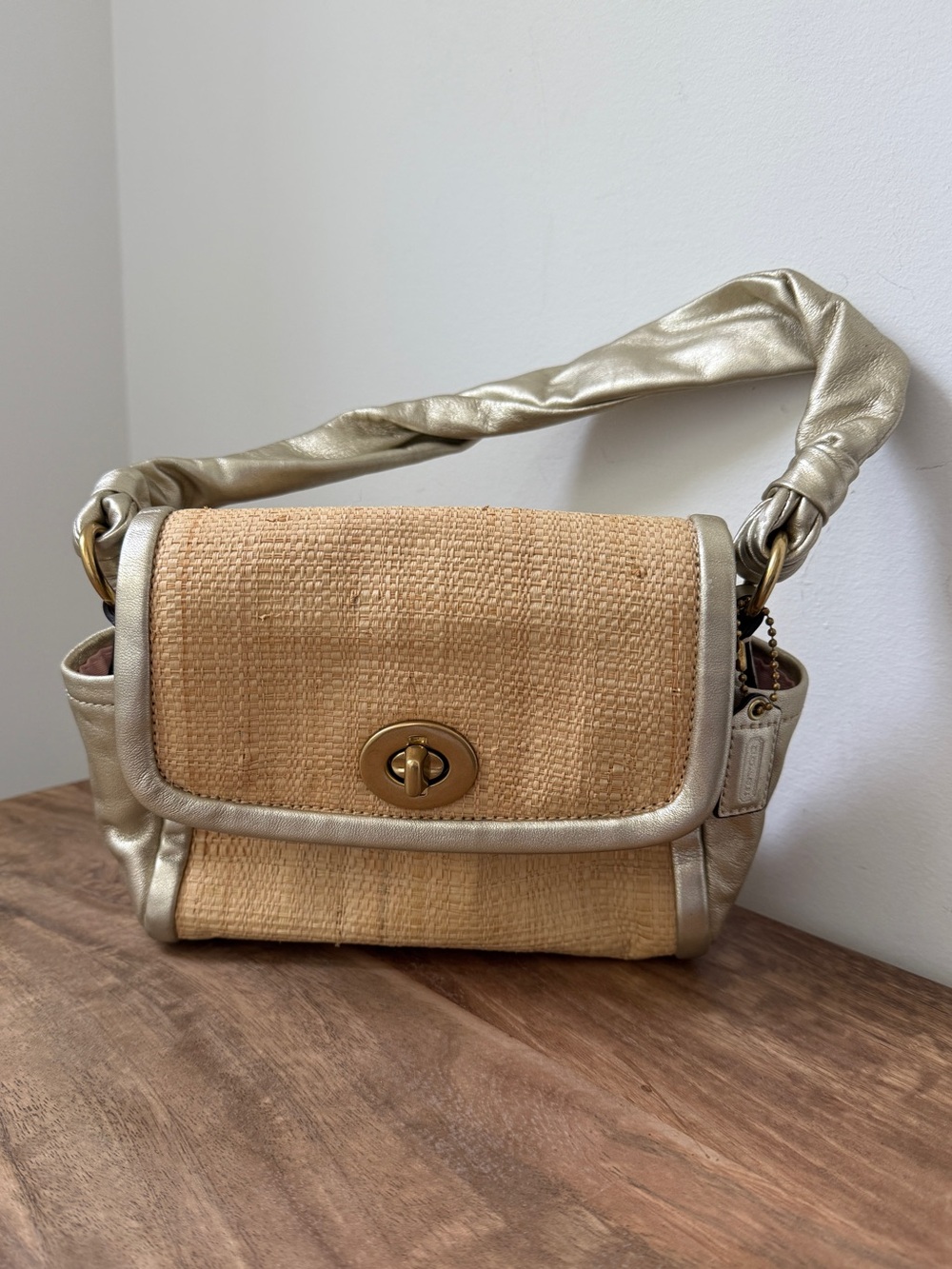 COACH Vintage Parker Straw Woven Baguette Bag with Metallic Gold Leather Trim